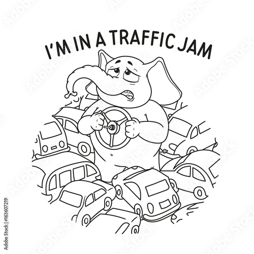 Elephant. Character. Standing in a traffic jam. Steering wheel in hands. A lot of cars. Big collection of isolated elephants. Vector, cartoon.