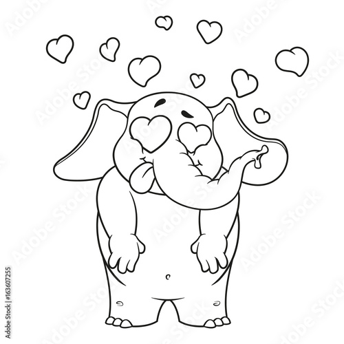 Elephant. Character. Very in love. Enamored. Many hearts. Big collection of isolated elephants. Vector, cartoon