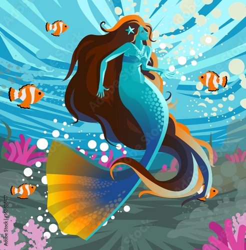 colorful mermaid swimming underwater