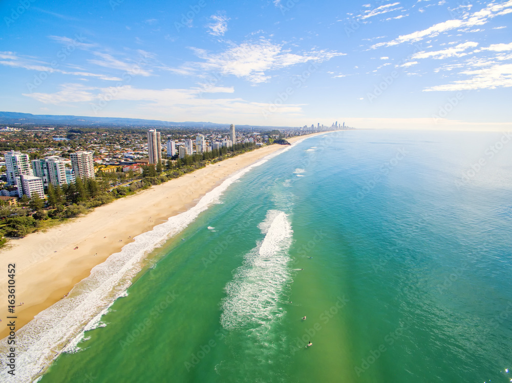 An aerial view of Burleigh Heads looking towards Surfers Paradise on a clear day with blue water An aerial view of Burleigh Heads looking towards Surfers Paradise on a clear day with blue water