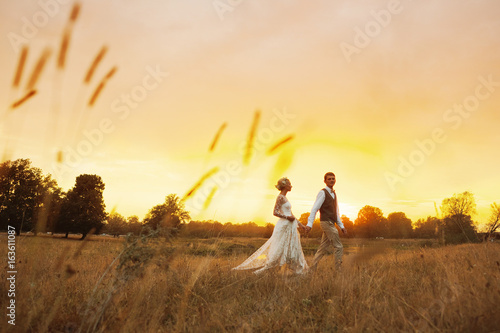 Couple in wedding attire against the backdrop of the field at sunset, the bride and groom. 
