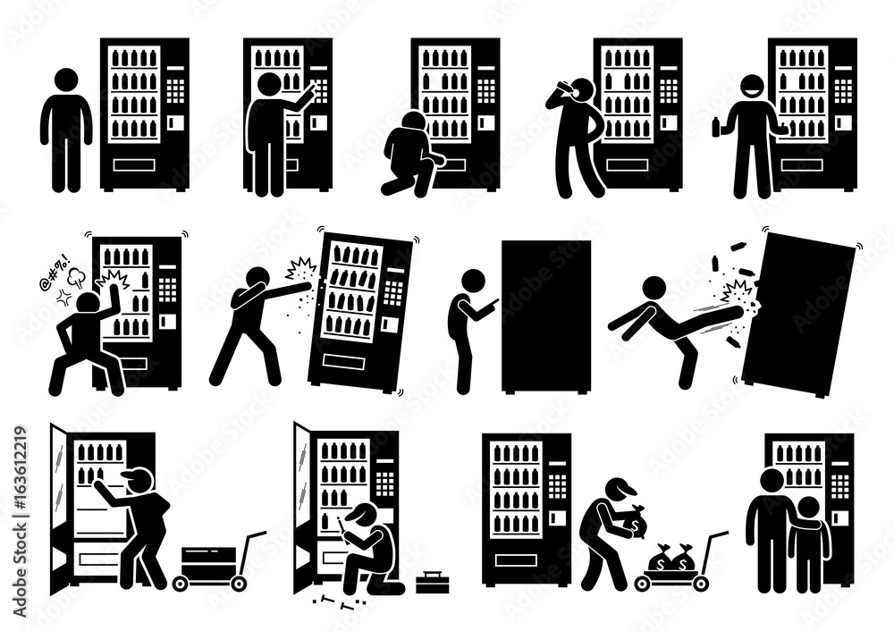 People with Vending Machine. Pictogram depicts a person using vending machine and destroying it. The stick figures also shows a worker stocking up, fixing, and collecting the money from it.  - obrazy, fototapety, plakaty 