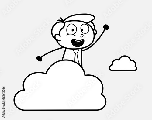 Cartoon Man Standing Behind Cloud Banner and Gesturing