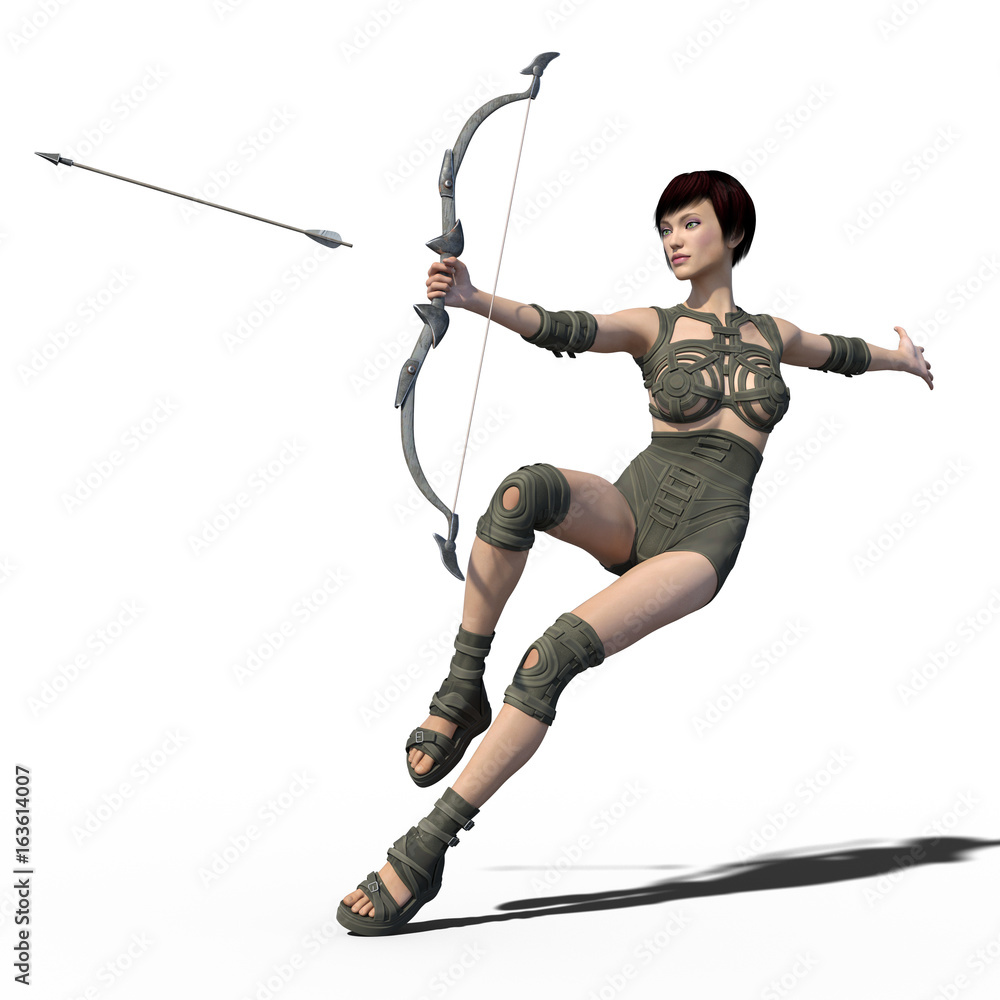 Young beautiful archer girl isolated on whithe background. 3d render. Young beautiful archer girl isolated on whithe background. 3d render.