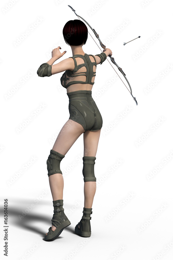 Young beautiful archer girl isolated on whithe background. 3d render. Young beautiful archer girl isolated on whithe background. 3d render.