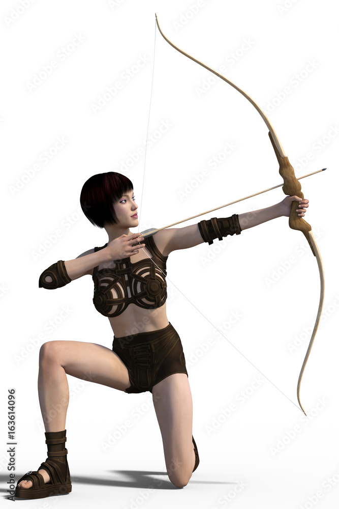 Young beautiful archer girl isolated on whithe background. 3d render.