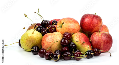 Apples pear cherries on white background
