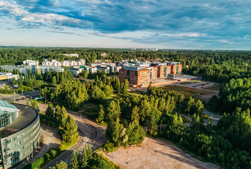 Aerial view of Finnish town, builidings, park
