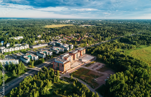 Aerial view of Finnish town, builidings, park