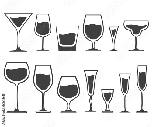 Set of vector icons of wineglasses and glasses of different shapes with liquid inside isolated on white background
