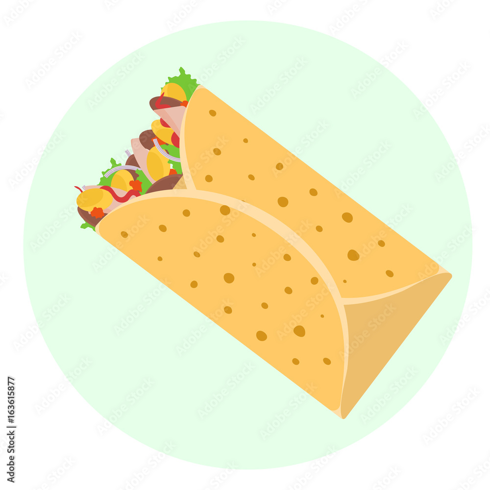 Flat vector delicious mexican burrito with chicken meet, corn and kidney bean in tortilla icon. Tasty cartoon colorful take away fastfood symbol Flat vector delicious mexican burrito with chicken meet, corn and kidney bean in tortilla icon. Tasty cartoon colorful take away fastfood symbol