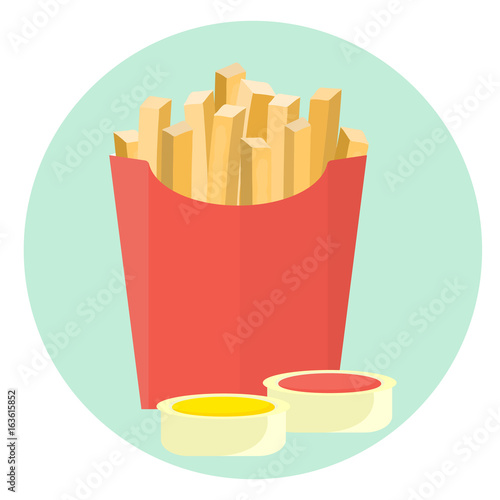 Flat vector french fries potato in red box with ketchup and mustard sauce in dipping dish. Tasty cartoon colorful take away fastfood symbol