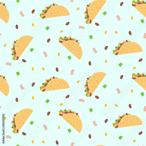 Cute cartoon colorful seamless pattern with mexican tacos, corn, lettuce and kidney bean. Nice fastfood pattern for textile, cafe and restaurant wrapping paper, covers, banners, background, wallpaper