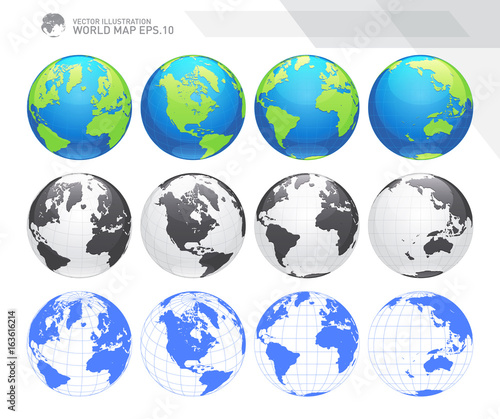 Globes showing earth with all continents. Digital world globe vector. Dotted world map vector.
