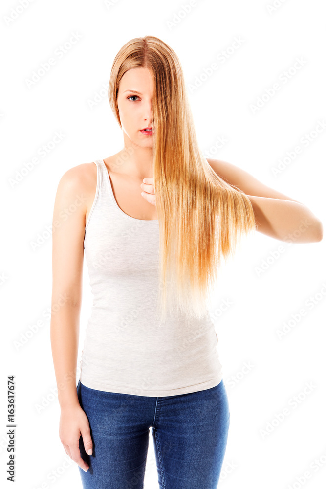 Blond hair. Beautiful woman with straight long hair. Blond hair. Beautiful woman with straight long hair.