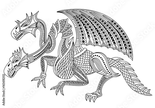 Beautiful two headed dragon. Zentangle and doodle style. Coloring book or tattoo. Vector illustration.
