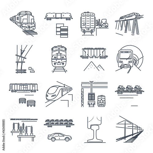 set of thin line icons freight and passenger rail transport, railway, train, terminal, locomotive