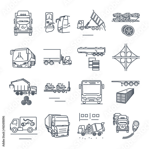 set of thin line icons freight and passenger road transport, bus, truck