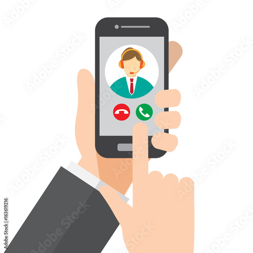 contact call center. hand holds smartphone. vector illustration.