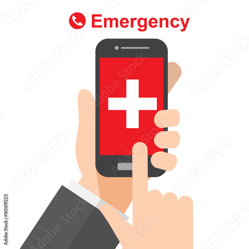 emergency call , ambulance , hand holds smartphone. vector illustration.