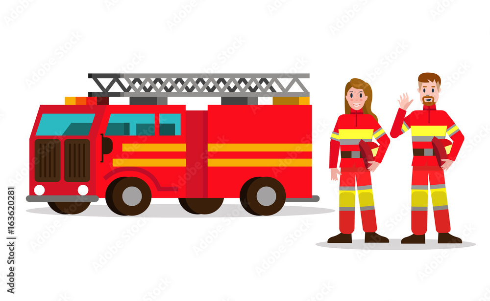 Naklejka premium Fireman and fire woman on the background of the service car. flat Fireman character design. vector illustration