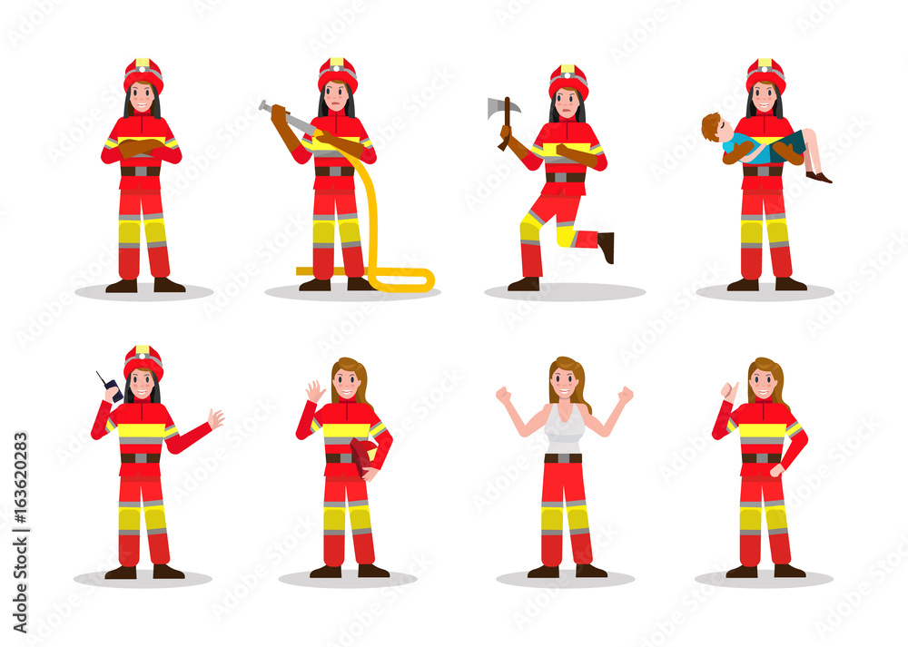 Sets of Firefighting. Fire Woman character design in many pose. vector illustration Sets of Firefighting. Fire Woman character design in many pose. vector illustration