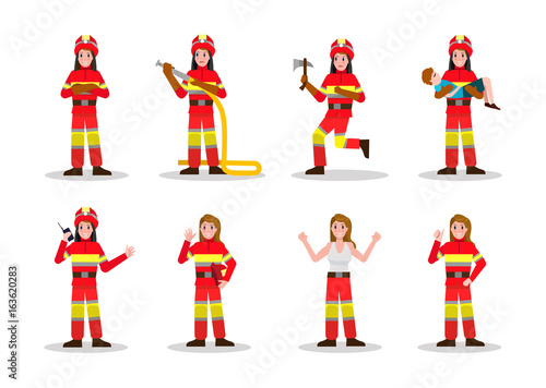 Sets of Firefighting. Fire Woman character design in many pose. vector illustration