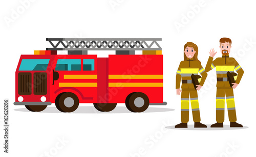 Fireman and fire woman on the background of the service car.  flat Fireman character design. vector illustration photo