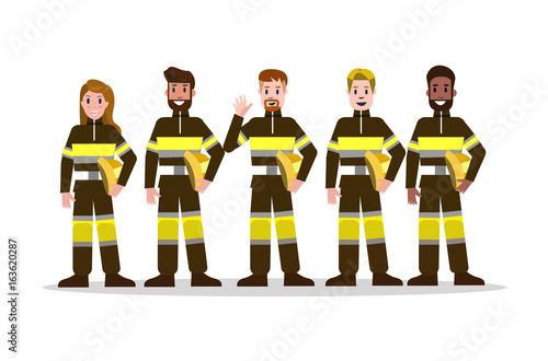 Sets of Firefighting team in black uniform. flat Fireman character design. vector illustration