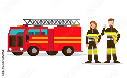 Fireman and fire woman on the background of the service car.  flat Fireman character design. vector illustration