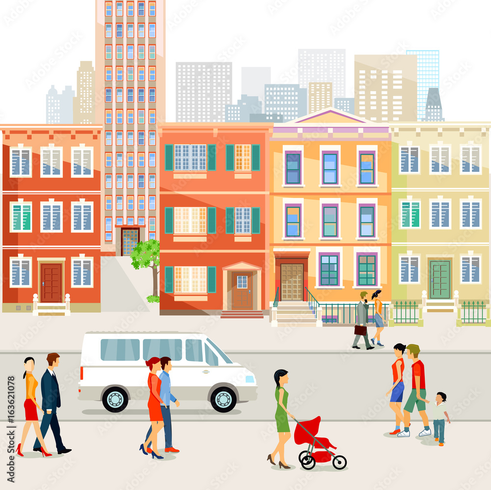 Naklejka premium Straße in der Stadt mit Fußgänger Illustration