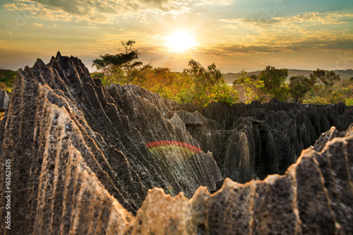 Beautiful sunset view on the unique geography at the Tsingy de Bemaraha Strict Nature Reserve in Madagascar