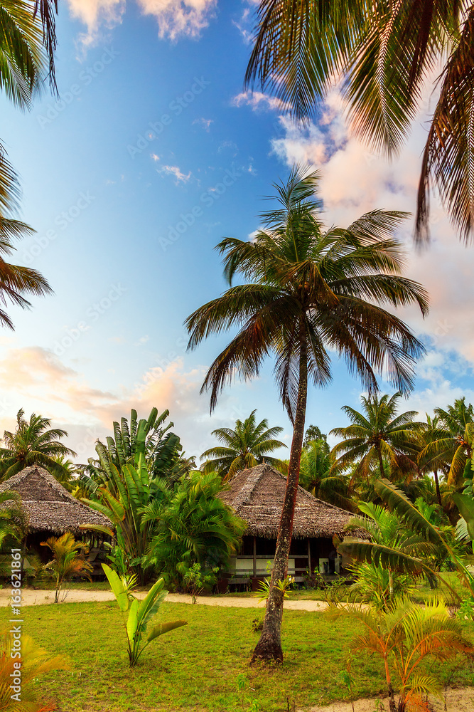 Fototapeta premium Beautiful summer view on a resort with palm trees, sunshine and a blue sky with clouds in Madagascar