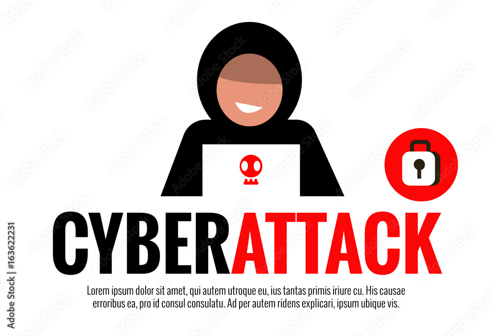 Cyber Attack concept. Hacker with laptop. Flat character design. vector illustration Cyber Attack concept. Hacker with laptop. Flat character design. vector illustration