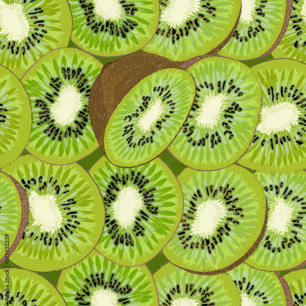 Fototapeta premium Hand-drawn seamless background with kiwi fruit, single, peeled and sliced, realistic drawing,
