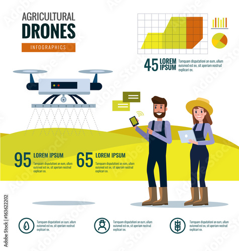 Smart farmer and agricultural drones infographics. Farm Data analysis and management concept. flat design elements. vector illustration