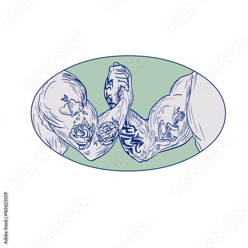 Tattooed Arms Fists Locked in Handshake Drawing