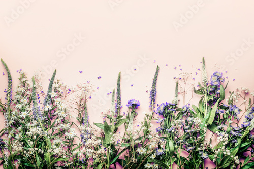 Fotografiet Various herbs and flowers on pink pale background, top view, floral border
