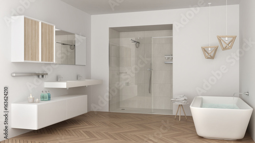 Minimalist bright bathroom with double sink  shower and bathtub  white interior design