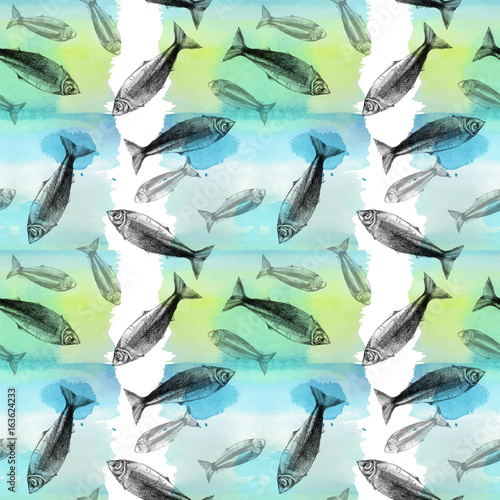 Figure watercolor fish herrings black and white with a blue background cartoon drawing, seamless background