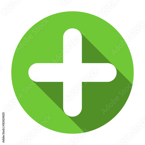 Plus sign flat round green icon, button with long shadow. Vector EPS10