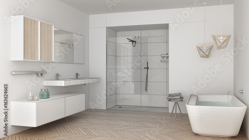 Unfinished project of minimalist bright bathroom with double sink  shower and bathtub  sketch abstract interior design