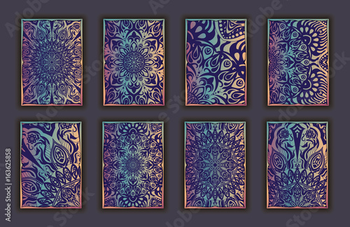 Card set with floral lace decorative mandala elements background. Asian Indian oriental ornate banners