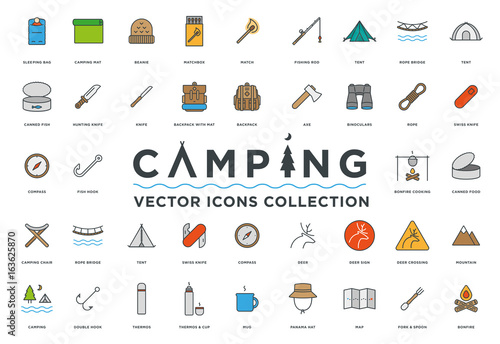 Camping, Vacation and Travel Minimal Color Flat Line Vector Icon Set. Sleeping bag, beanie, matchbox, fishing rod, tent, rope bridge, backpack, axe, binoculars, compass, campfire, deer, mountain, map.