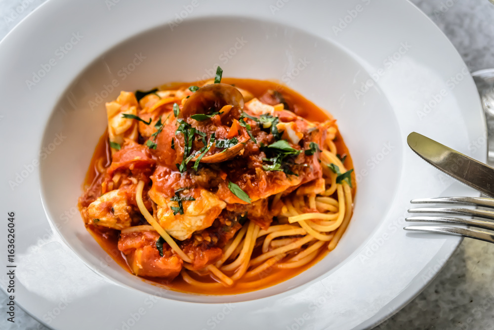 Seafood spaghetti marinara italian