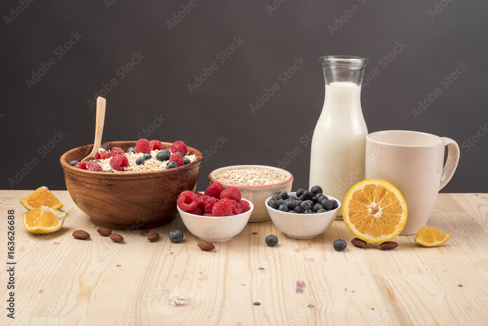 Healthy breakfast ingredients on wood table, Healthy food concept Healthy breakfast ingredients on wood table, Healthy food concept