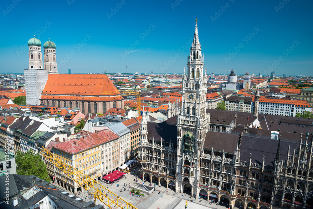 Aerial view on Marienplatz town hall and Frauenkirche in Munich, Germany