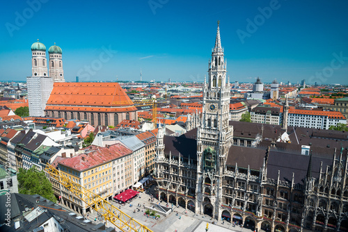 Aerial view on Marienplatz town hall and Frauenkirche in Munich  Germany