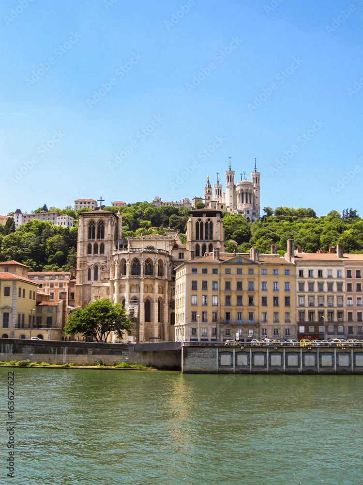 Lyon cityscape with Lyon Cathedral and the Basilica of Notre-Dame de Fourvière in the background