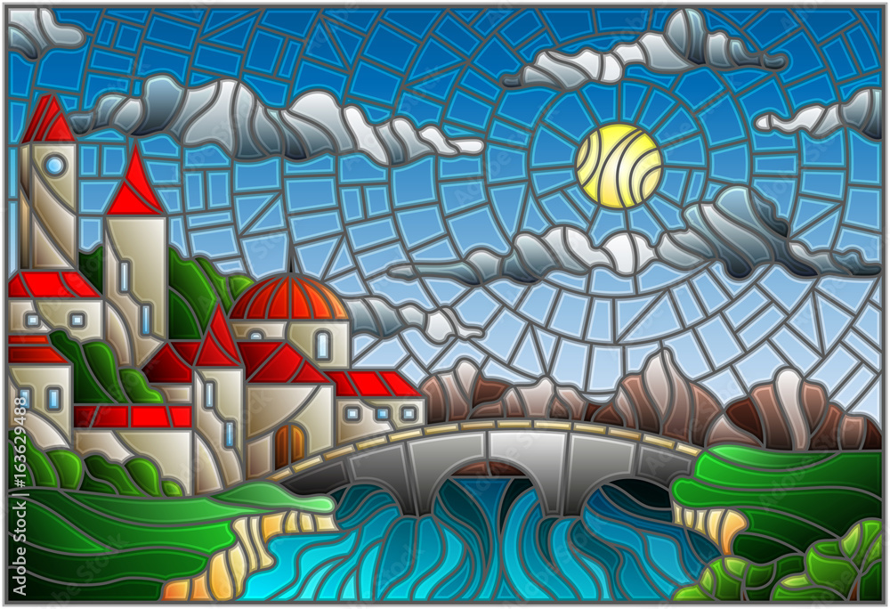 Illustration in stained glass style with the old town and bridge over a river with mountains in the background, the cloudy sky and sun